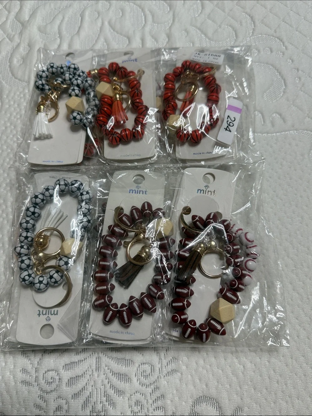 Set of 12 Beaded Key Ring Wristlet - Basketball Soccer, Football and Baseball